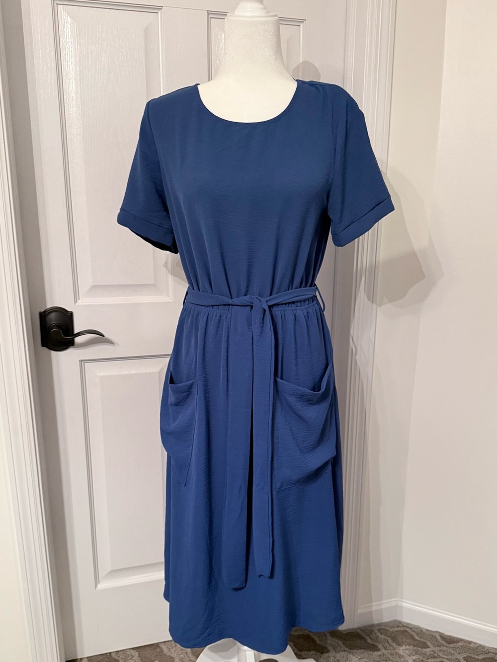 Classic Blue Short-Sleeve Tie-Waist Dress-Size Medium
